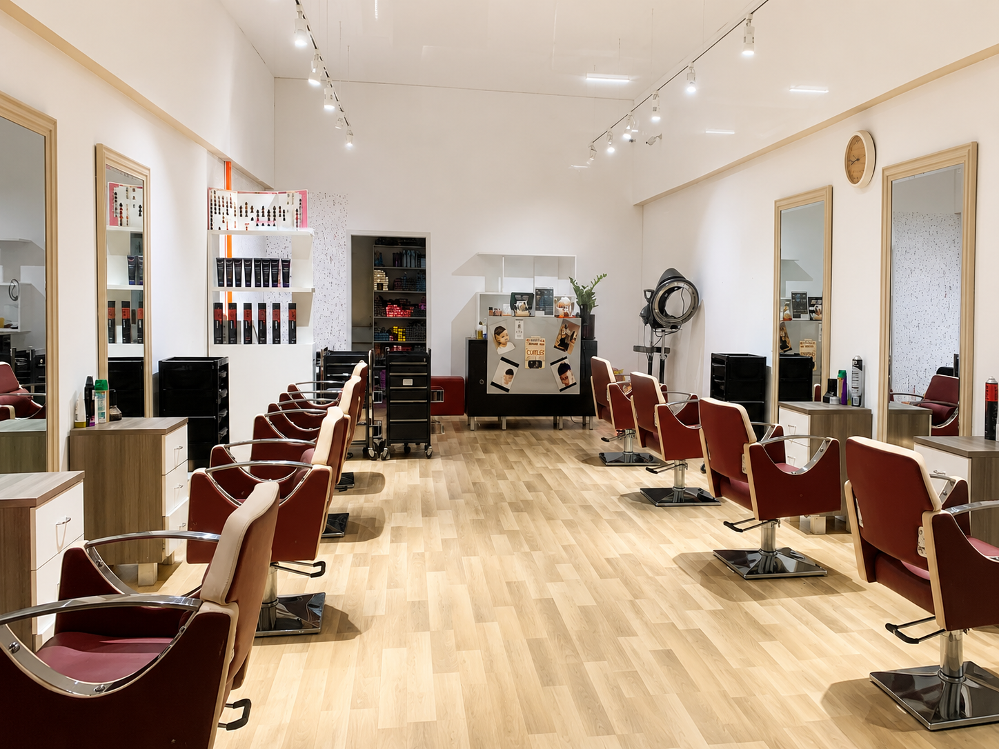 Warm salon chairs and styling stations